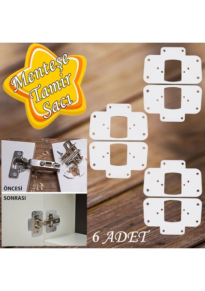 Dolap Kapak Taş Menteşe Tamir Sacı Pratik Onarım Kiti Beyaz Metal Yuva Tablası 6.5 x 9 cm (6 Det)