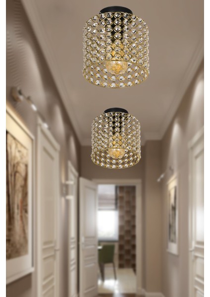 E27 Deha Tekli Gold Tavan Montaj Büyük 20 -34 cm 1 Kristal Taş Altın Tek Ebat Modern