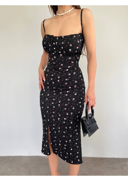 Kadın Siyah Askılı Çiçek Desenli Yırtmaçlı Ip Bağlamalı Elbise