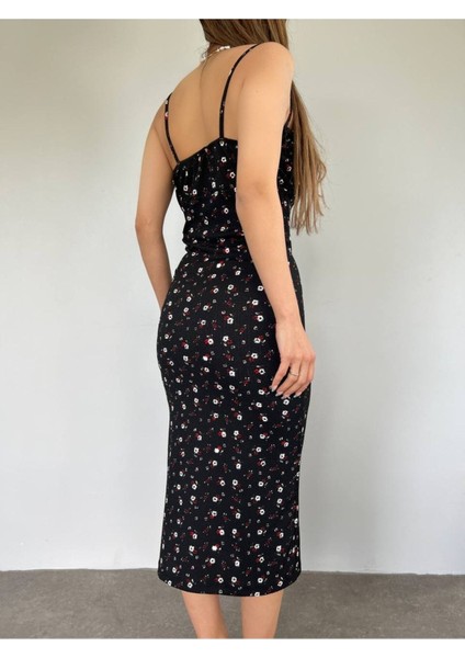 Kadın Siyah Askılı Çiçek Desenli Yırtmaçlı Ip Bağlamalı Elbise modelleri