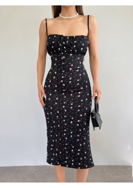 Kadın Siyah Askılı Çiçek Desenli Yırtmaçlı Ip Bağlamalı Elbise fırsatları