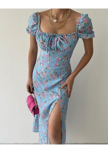 Kadın Mavi Uzun Yırtmaç Detaylı Ciçek Elbise