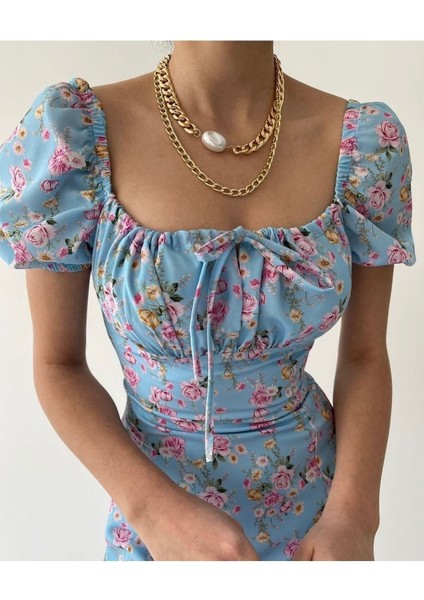 Kadın Mavi Uzun Yırtmaç Detaylı Ciçek Elbise fiyatları