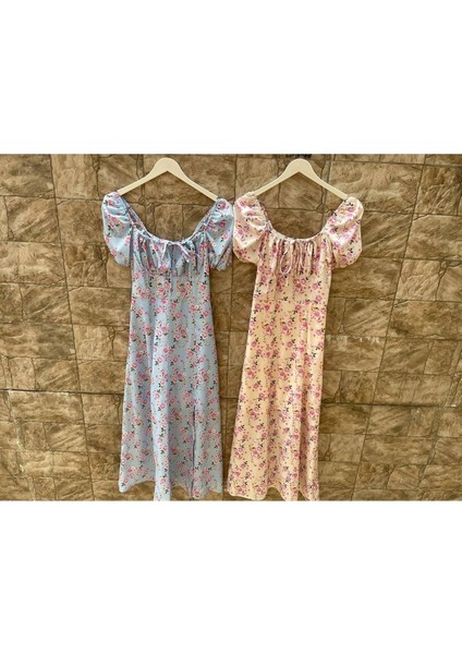 Kadın Mavi Uzun Yırtmaç Detaylı Ciçek Elbise fırsatları