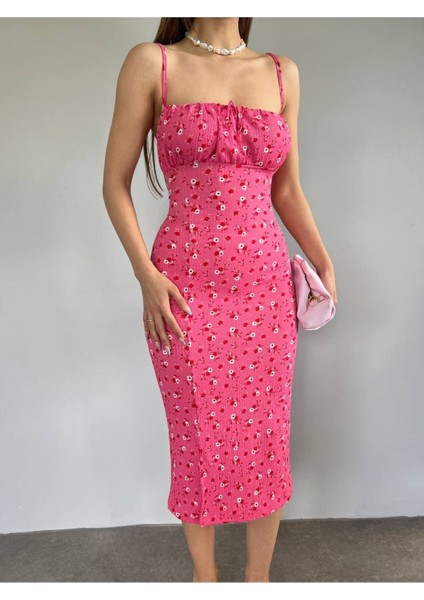 Kadın Pembe Askılı Çiçek Desenli Yırtmaçlı Ip Bağlamalı Elbise