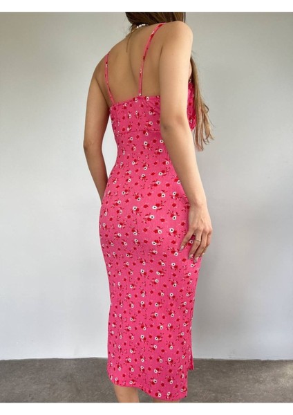 Kadın Pembe Askılı Çiçek Desenli Yırtmaçlı Ip Bağlamalı Elbise fırsatları