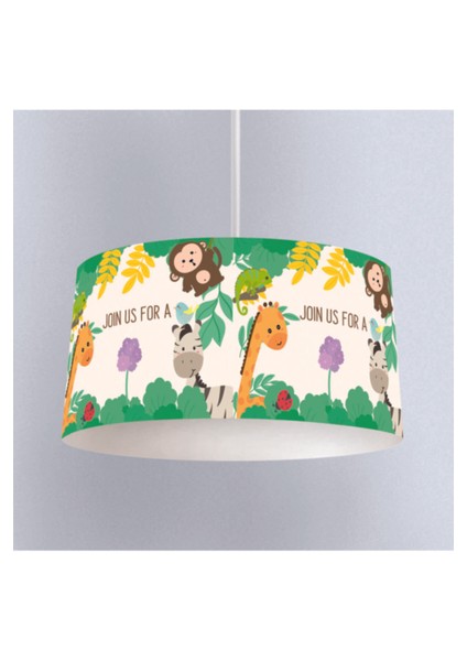 E27 Sevimli Yeşil Orman Desenli Çocuk Odası Dijital Baskılı Sarkıt Avize Klasik 20 x 30 Kumaş Çok R