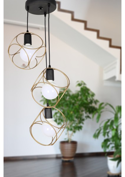 Altın Selanik 3.lü Eskitme Modern 81-90 cm Metal E27 35 x 100 3