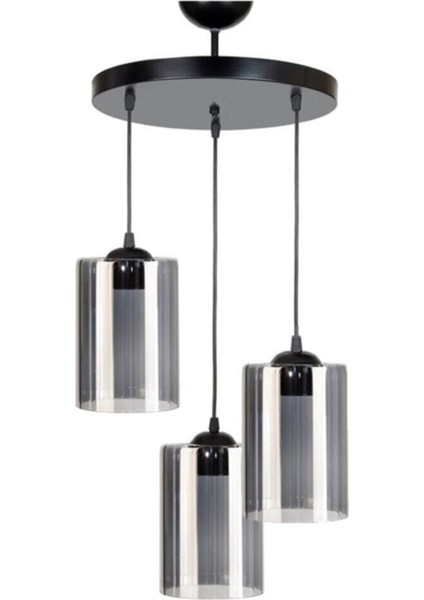 Siyah Salon - Mutfak - Yatak Odası Modern Füme Camlı Üçlü Sarkıt Avize Mutfak Cam Modern 3