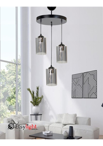 91-100 cm Dora Black Lüx 3 Antre, Salon Avize Cam Siyah 3 E27 Modern
