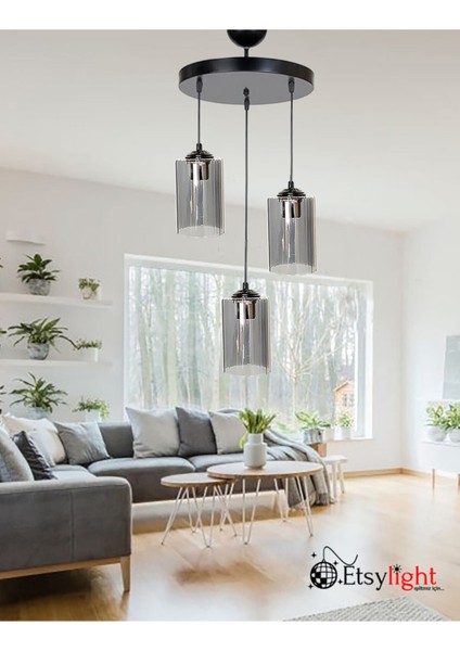 91-100 cm Dora Black Lüx 3 Antre, Salon Avize Cam Siyah 3 E27 Modern modelleri