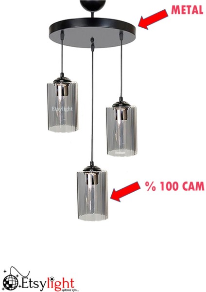 91-100 cm Dora Black Lüx 3 Antre, Salon Avize Cam Siyah 3 E27 Modern fırsatları