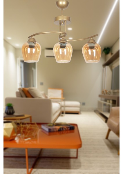 Modern Fuji Modern Tasarım Eskitme Kasa Bal Camlı Salon - Mutfak - Yatak Odası 3 Lü Avize Mutfak Sa