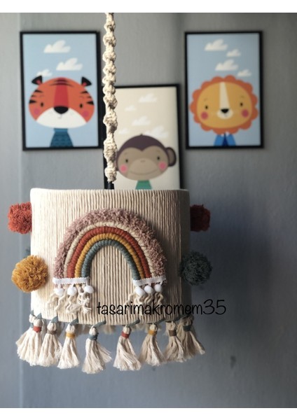 30 Makrome Avize Metal 1 Modern E27 Bebek / Çocuk Odası Ekru 20 -34 cm