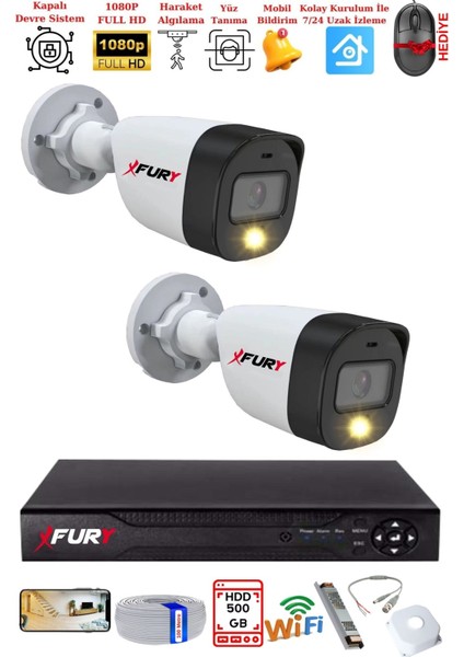 2 Kameralı 5mp Lens 2 Mp Görüntü Gece Renkli Full Hd Ultra LED Akıllı Güvenlik Kamerası Seti 500 GB