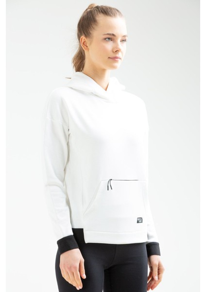 Tekno Trust Ekru Ekru Regular Fit Kapüşonlu Düz Pamuklu Kanguru Cep Uzun Kol Kadın Sweatshirt Örme Regular Ferm