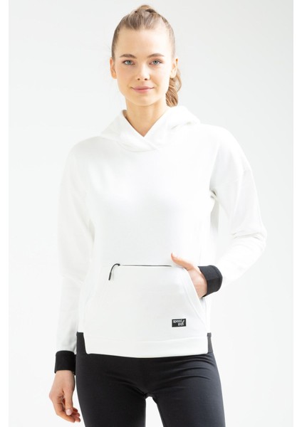 Tekno Trust Ekru Ekru Regular Fit Kapüşonlu Düz Pamuklu Kanguru Cep Uzun Kol Kadın Sweatshirt Örme Regular Ferm