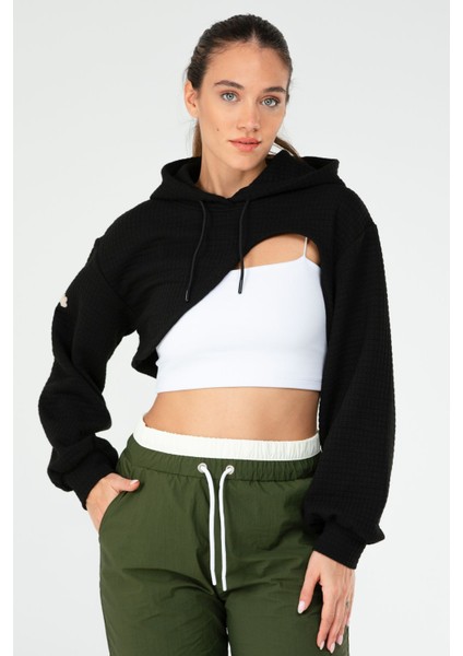 Tekno Trust Regular Siyah Regular Fit Kapüşonlu Pitikareli Kapitone Kadın Crop Sweatshirt Siyah Crop Örme