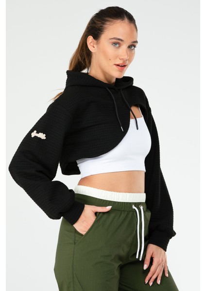 Tekno Trust Regular Siyah Regular Fit Kapüşonlu Pitikareli Kapitone Kadın Crop Sweatshirt Siyah Crop Örme