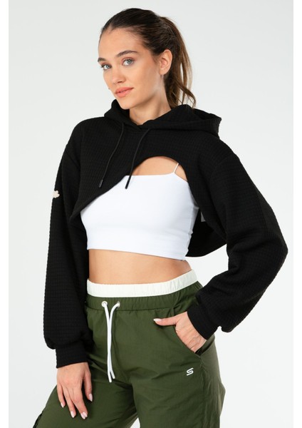 Tekno Trust Regular Siyah Regular Fit Kapüşonlu Pitikareli Kapitone Kadın Crop Sweatshirt Siyah Crop Örme