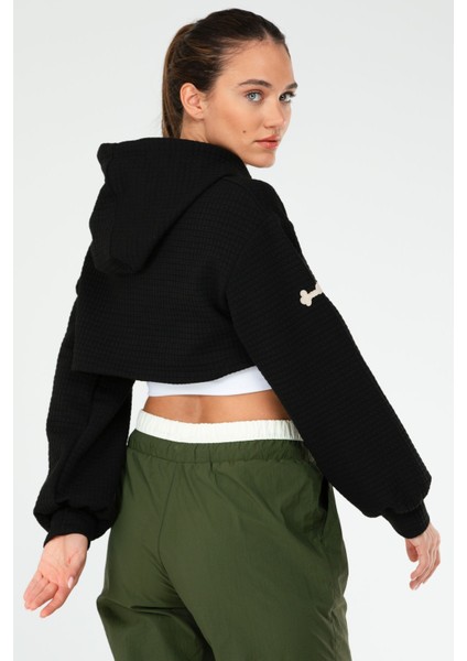 Tekno Trust Regular Siyah Regular Fit Kapüşonlu Pitikareli Kapitone Kadın Crop Sweatshirt Siyah Crop Örme