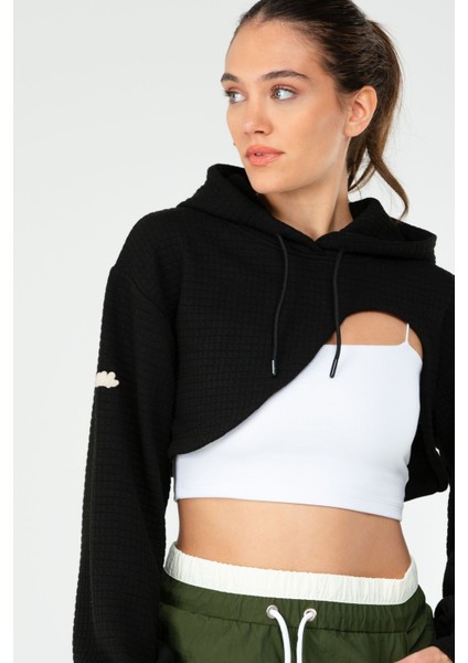 Tekno Trust Regular Siyah Regular Fit Kapüşonlu Pitikareli Kapitone Kadın Crop Sweatshirt Siyah Crop Örme