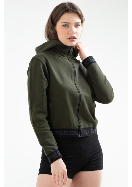 Tekno Trust Haki Haki Slim Fit Düz Pamuklu Kapüşonlu Fermuarlı Kadın Sweatshirt Tekli