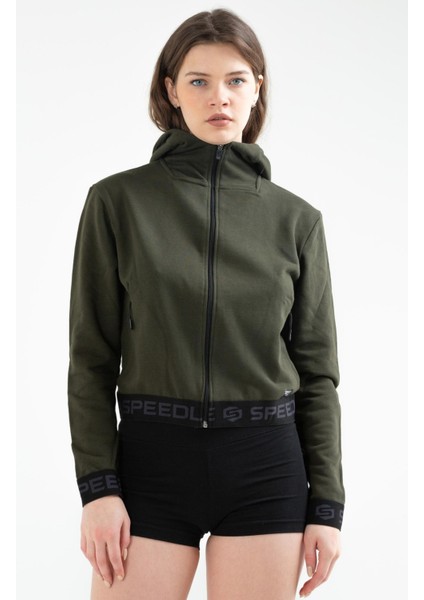 Tekno Trust Haki Haki Slim Fit Düz Pamuklu Kapüşonlu Fermuarlı Kadın Sweatshirt Tekli