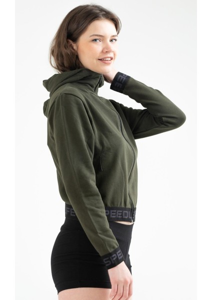 Tekno Trust Haki Haki Slim Fit Düz Pamuklu Kapüşonlu Fermuarlı Kadın Sweatshirt Tekli