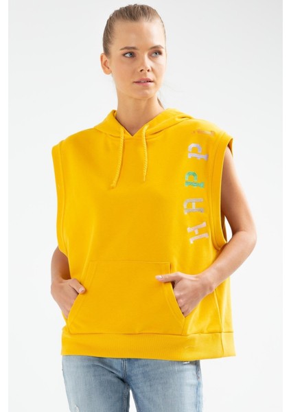 Tekno Trust Standart Sarı Slim Fit Baskılı Pamuklu Kapüşonlu Sıfır Kol Kanguru Cep Kadın Sweatshirt Slim Fit Ka