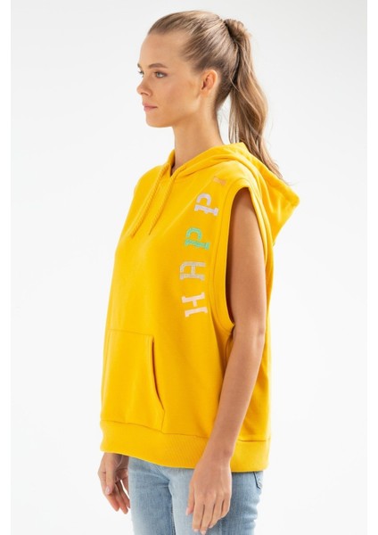 Tekno Trust Standart Sarı Slim Fit Baskılı Pamuklu Kapüşonlu Sıfır Kol Kanguru Cep Kadın Sweatshirt Slim Fit Ka