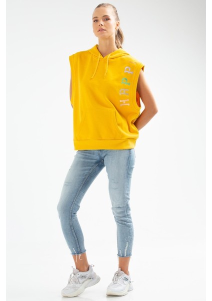 Tekno Trust Standart Sarı Slim Fit Baskılı Pamuklu Kapüşonlu Sıfır Kol Kanguru Cep Kadın Sweatshirt Slim Fit Ka