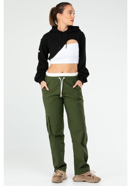 Tekno Trust Haki Haki Regular Fit Düz Kargo Cep Düz Paça Kadın Eşofman Alt Standart Normal Bel Örme