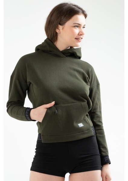 Tekno Trust Fermuarlı Haki Regular Fit Düz Pamuklu Kapüşonlu Kanguru Cep Kadın Sweatshirt Haki Örme Regular Kap
