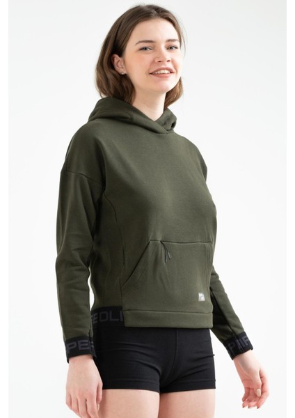 Tekno Trust Fermuarlı Haki Regular Fit Düz Pamuklu Kapüşonlu Kanguru Cep Kadın Sweatshirt Haki Örme Regular Kap