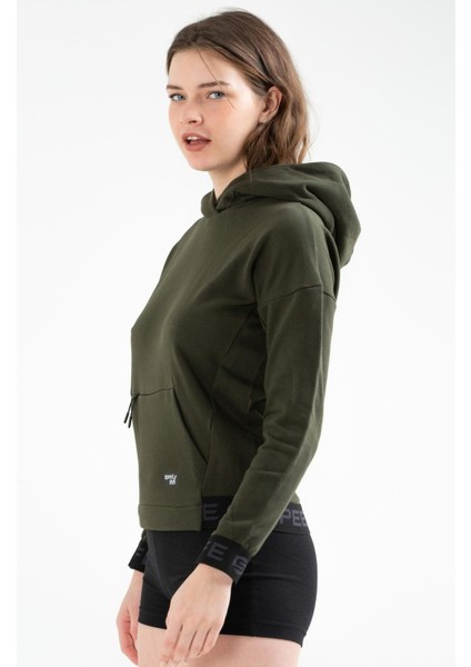 Tekno Trust Fermuarlı Haki Regular Fit Düz Pamuklu Kapüşonlu Kanguru Cep Kadın Sweatshirt Haki Örme Regular Kap