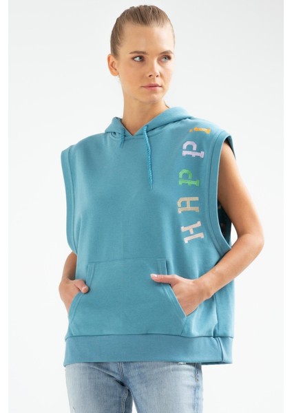 Tekno Trust Kapüşonlu Mavi Slim Fit Baskılı Pamuklu Kapüşonlu Sıfır Kol Kanguru Cep Kadın Sweatshirt Kapüşonlu
