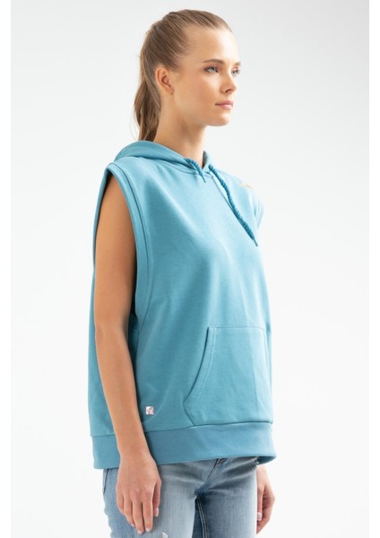 Tekno Trust Kapüşonlu Mavi Slim Fit Baskılı Pamuklu Kapüşonlu Sıfır Kol Kanguru Cep Kadın Sweatshirt Kapüşonlu