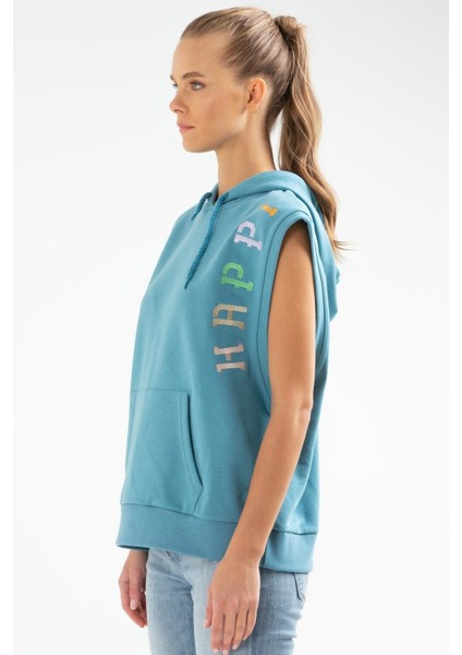 Tekno Trust Kapüşonlu Mavi Slim Fit Baskılı Pamuklu Kapüşonlu Sıfır Kol Kanguru Cep Kadın Sweatshirt Kapüşonlu