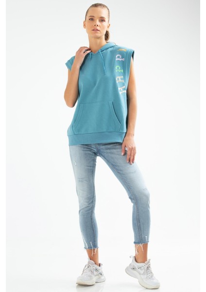 Tekno Trust Kapüşonlu Mavi Slim Fit Baskılı Pamuklu Kapüşonlu Sıfır Kol Kanguru Cep Kadın Sweatshirt Kapüşonlu