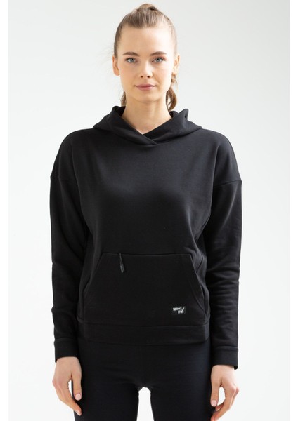 Tekno Trust Regular Siyah Regular Fit Kapüşonlu Düz Pamuklu Kanguru Cep Uzun Kol Kadın Sweatshirt Siyah Fermuar