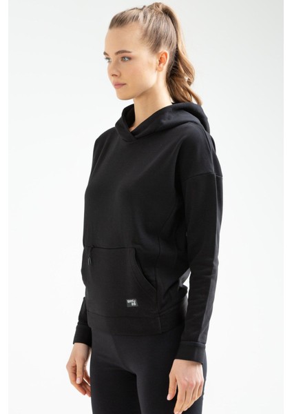 Tekno Trust Regular Siyah Regular Fit Kapüşonlu Düz Pamuklu Kanguru Cep Uzun Kol Kadın Sweatshirt Siyah Fermuar
