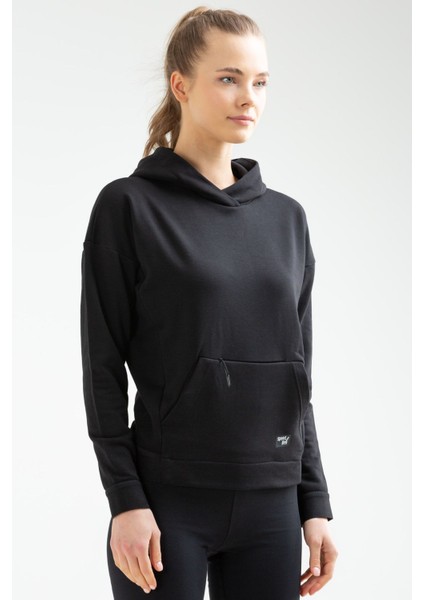 Tekno Trust Regular Siyah Regular Fit Kapüşonlu Düz Pamuklu Kanguru Cep Uzun Kol Kadın Sweatshirt Siyah Fermuar