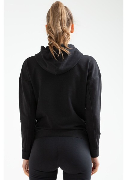 Tekno Trust Regular Siyah Regular Fit Kapüşonlu Düz Pamuklu Kanguru Cep Uzun Kol Kadın Sweatshirt Siyah Fermuar