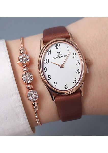 Rose Gold Oval Kasa Kahve Deri Kayışlı Kadın Kol Saati, Zirkon Taşlı Bileklik Hediyeli