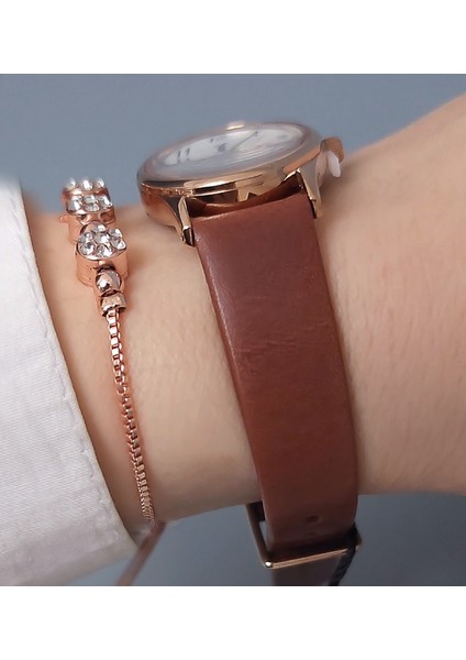 Rose Gold Oval Kasa Kahve Deri Kayışlı Kadın Kol Saati, Zirkon Taşlı Bileklik Hediyeli