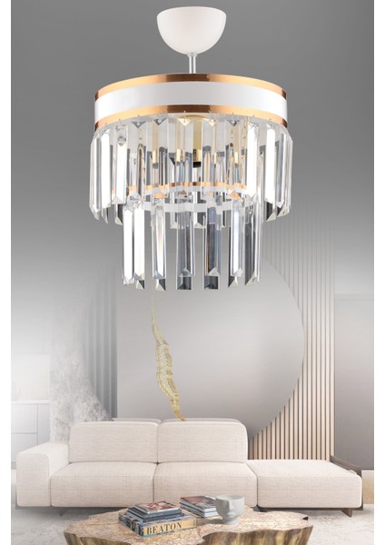 Klasik Nesil Tekli Beyaz Iki Katlı Kristal Modern Avize 1 E27 Altın Metal