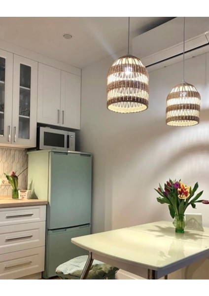 Bambu Rattan Bambu Hasır Avize 35 - 50 1 E27 Haki 30 Rustik