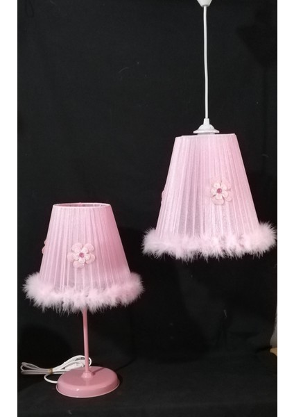 Pembe Kız Çocuk Odası Bebek Odası Pembe Tüylü Papatya Peluş Avize Abajur Seti E27 1 Kumaş