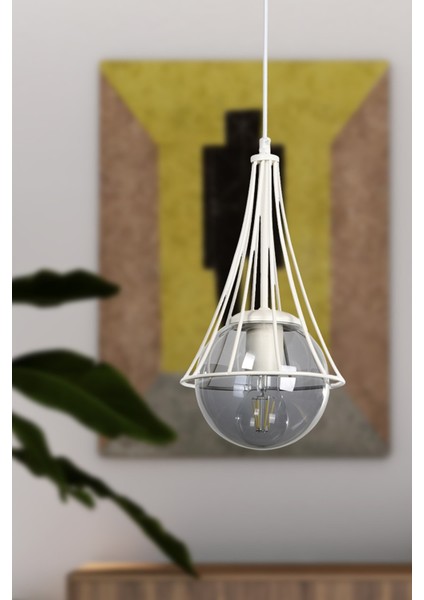 Tekli Lapis Tekli Beyaz-Füme Glop Camlı Avize Tek Ebat 1 71-80 cm E27 Beyaz Metal